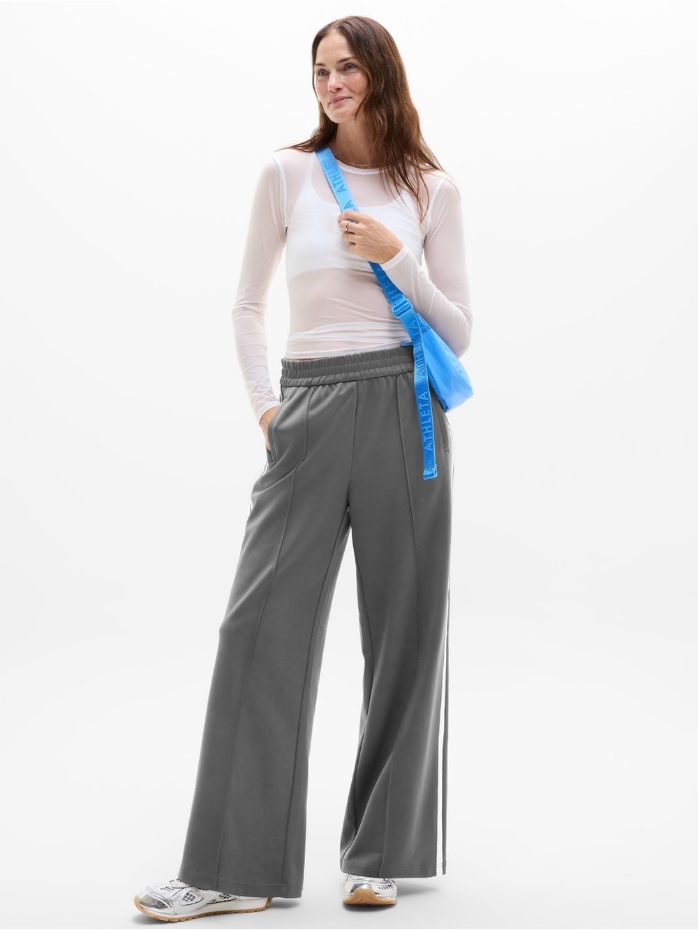 Athleta Tempo Mid Rise Wide Leg Track
Pant - Regular length, color: gray - NWT